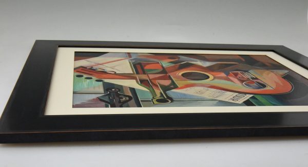 Cubist oil painting still life with guitar