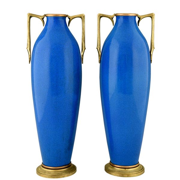Pair of Art Deco ceramic and bronze vases with blue crackle glaze