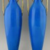 Pair of Art Deco ceramic and bronze vases with blue crackle glaze