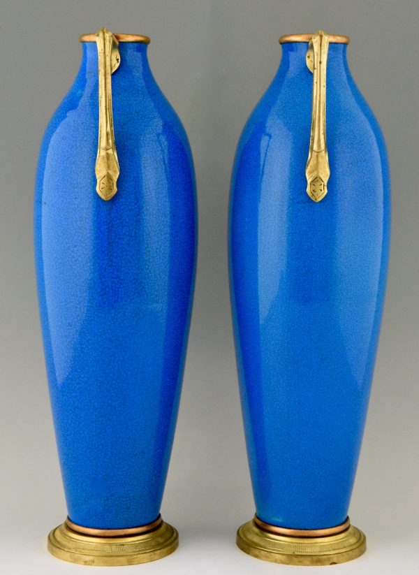 Pair of Art Deco ceramic and bronze vases with blue crackle glaze