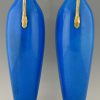 Pair of Art Deco ceramic and bronze vases with blue crackle glaze