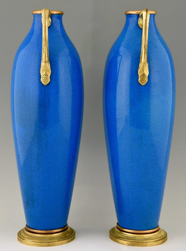 Pair of Art Deco ceramic and bronze vases with blue crackle glaze