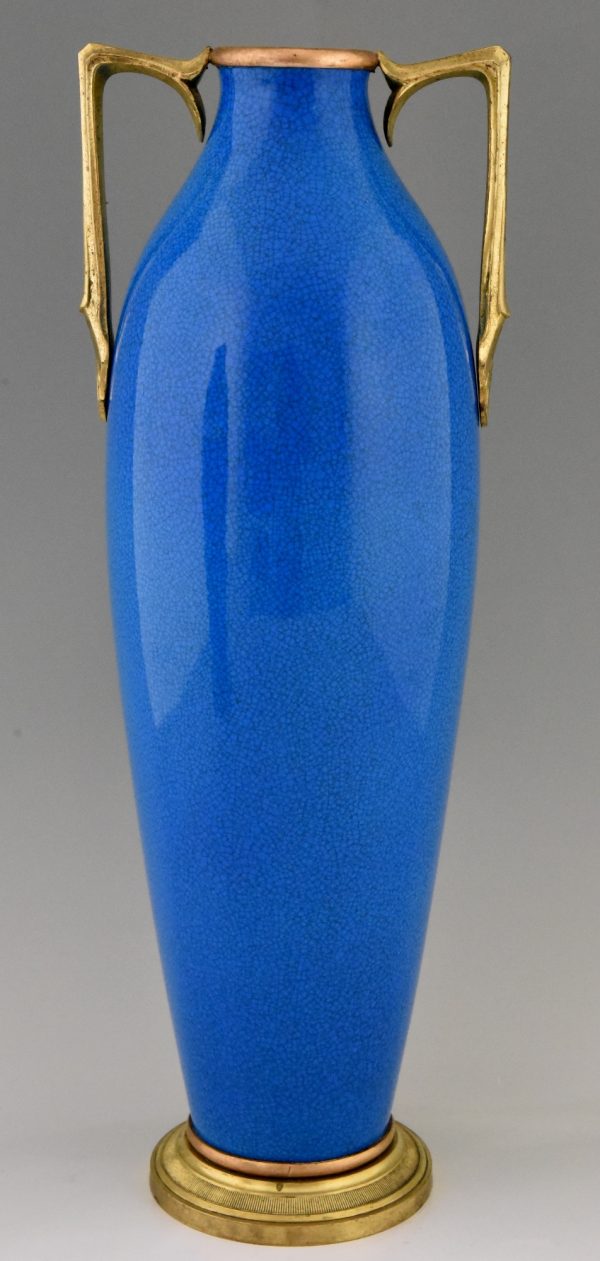 Ein Paar Art Deco Vasen Blaues Keramik und Bronze