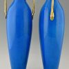 Pair of Art Deco ceramic and bronze vases with blue crackle glaze