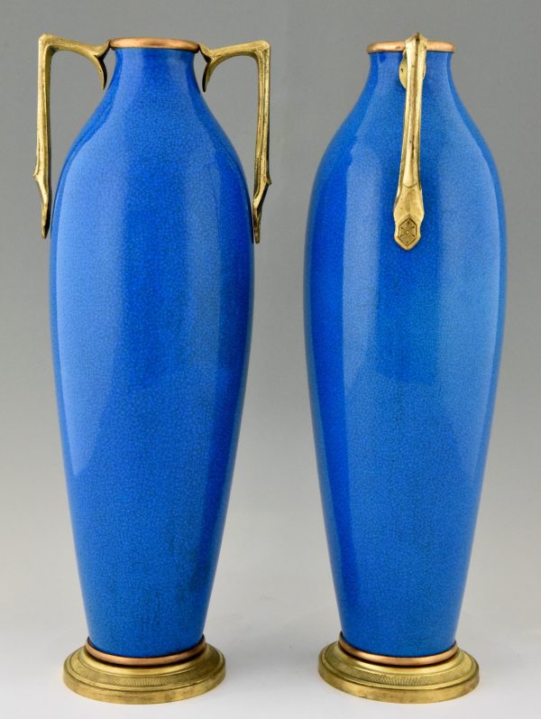 Pair of Art Deco ceramic and bronze vases with blue crackle glaze