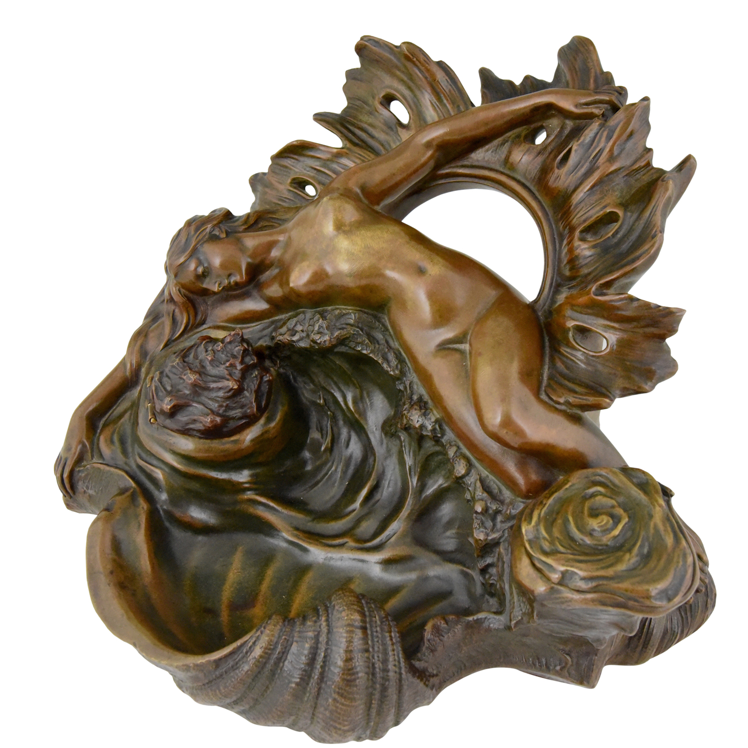 French bronze Art Nouveau inkwell Venus nude with shell