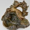 French bronze Art Nouveau inkwell Venus nude with shell