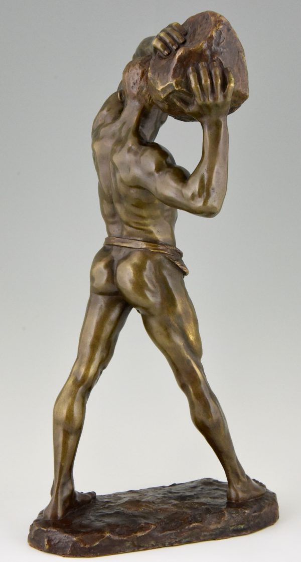 Antique bronze sculpture strong man, male nude with stone