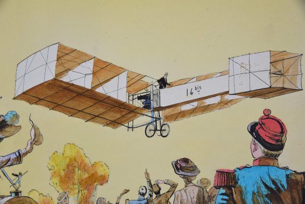 The flight of aviator Santos Dumont with airplane 14 Bis