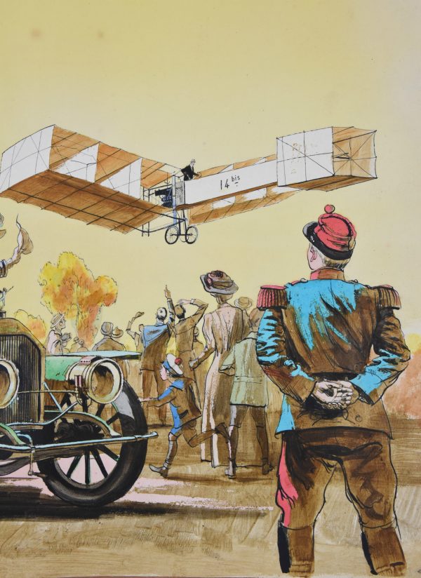 The flight of aviator Santos Dumont with airplane 14 Bis