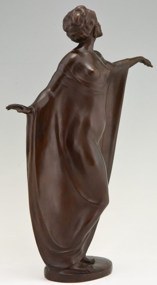 Art Nouveau bronze sculpture draped nude dancer