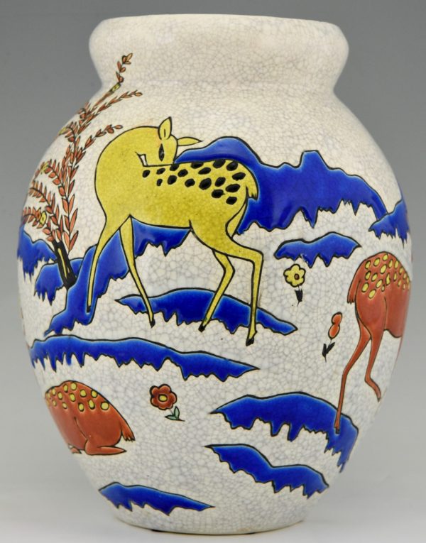 Art Deco ceramic vase with deer doe in landscape