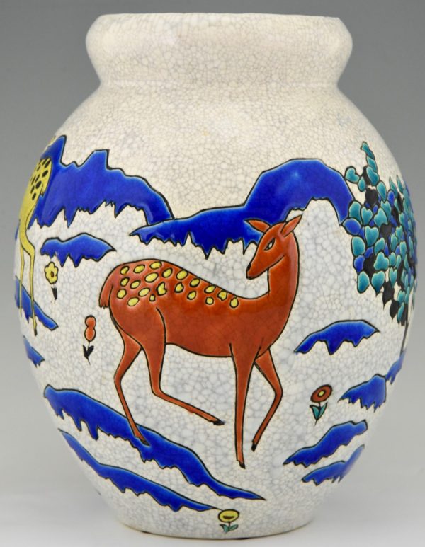 Art Deco ceramic vase with deer doe in landscape