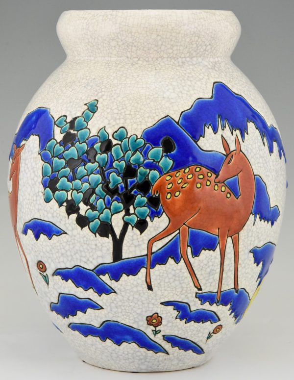 Art Deco ceramic vase with deer doe in landscape