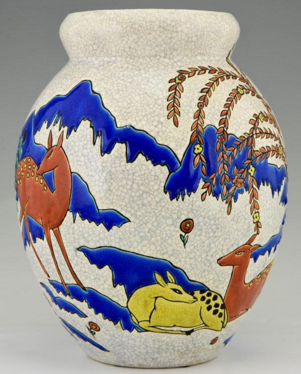 Art Deco ceramic vase with deer doe in landscape