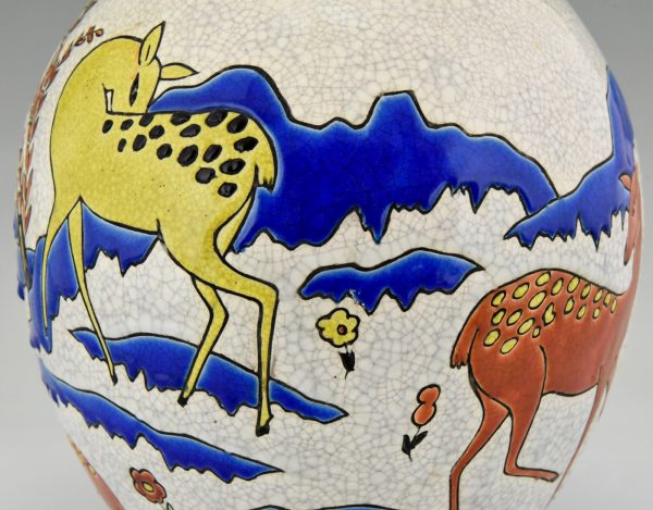 Art Deco ceramic vase with deer doe in landscape