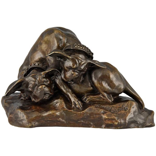 Sculpture en bronze deux bouledogues dormant