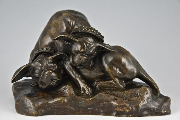Antique bronze sculpture two sleeping bulldogs