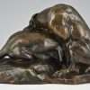 Antike Bronze Skulptur zwei Bulldogs schlafend