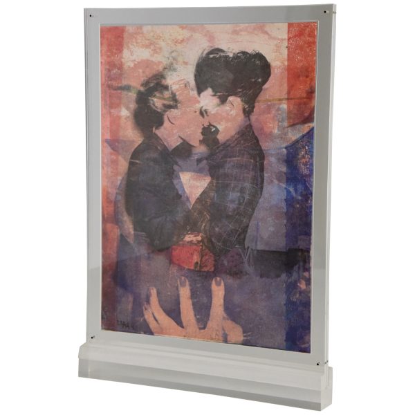 Two girls & girl, double artwork in frame.