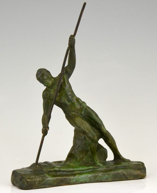 Art Deco bronze sculpture man with pole