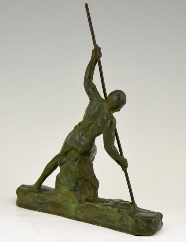 Art Deco bronze sculpture man with pole