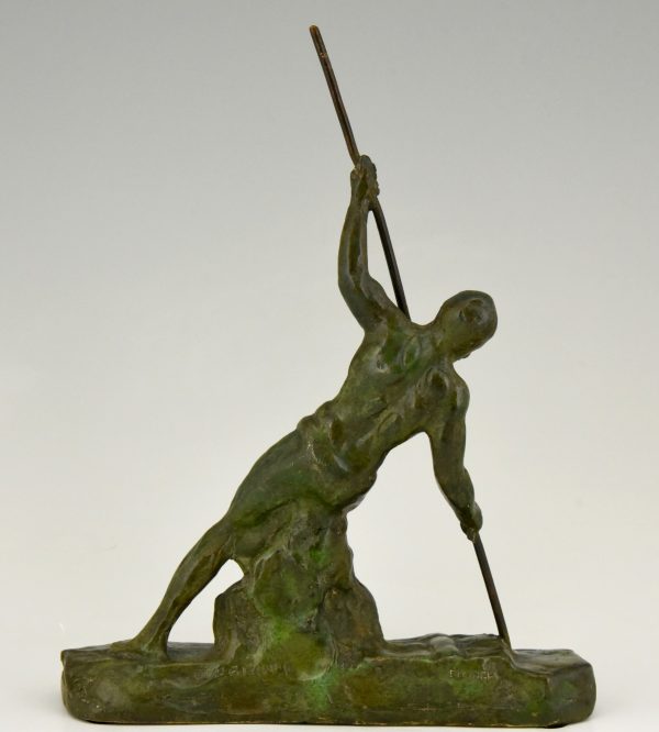 Art Deco bronze sculpture man with pole