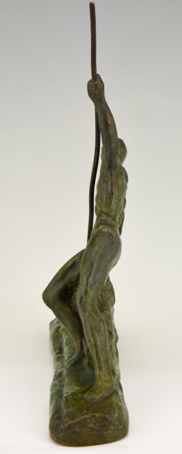 Art Deco bronze sculpture man with pole