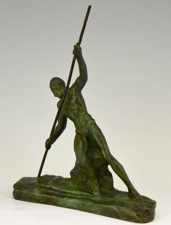 Art Deco bronze sculpture man with pole