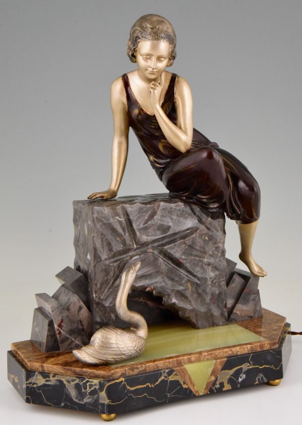 Art Deco figural lamp sculpture lady with swan