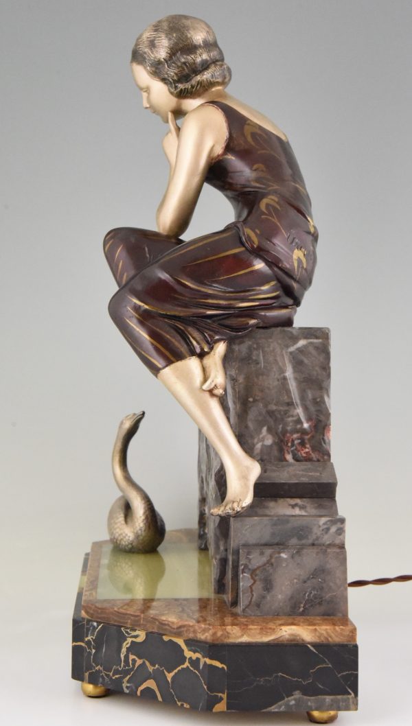 Art Deco sculpture lampe femme et cygne