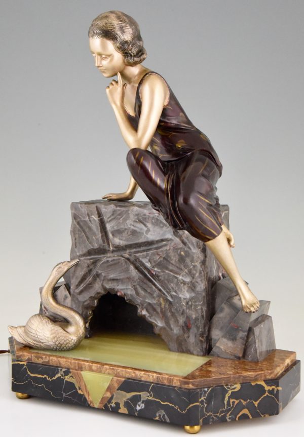 Art Deco figural lamp sculpture lady with swan