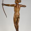 Diane, Art Deco sculpture en bronze nu à l’arc
