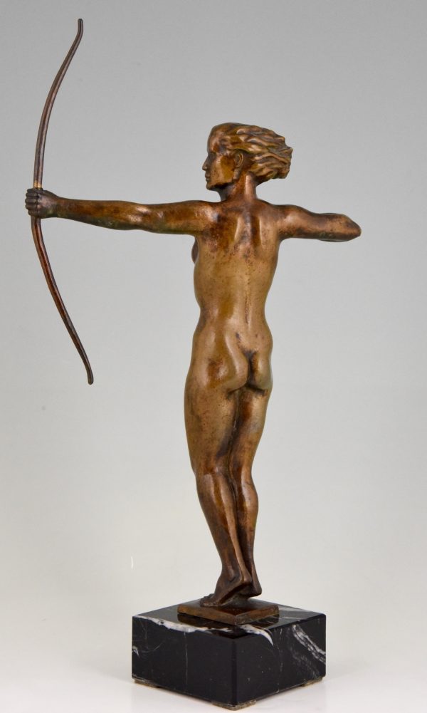 Diana, Art Deco bronze sculpture nude with bow.