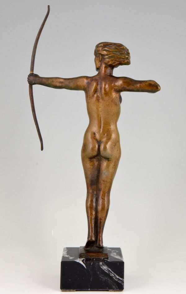 Diana, Art Deco bronze sculpture nude with bow.