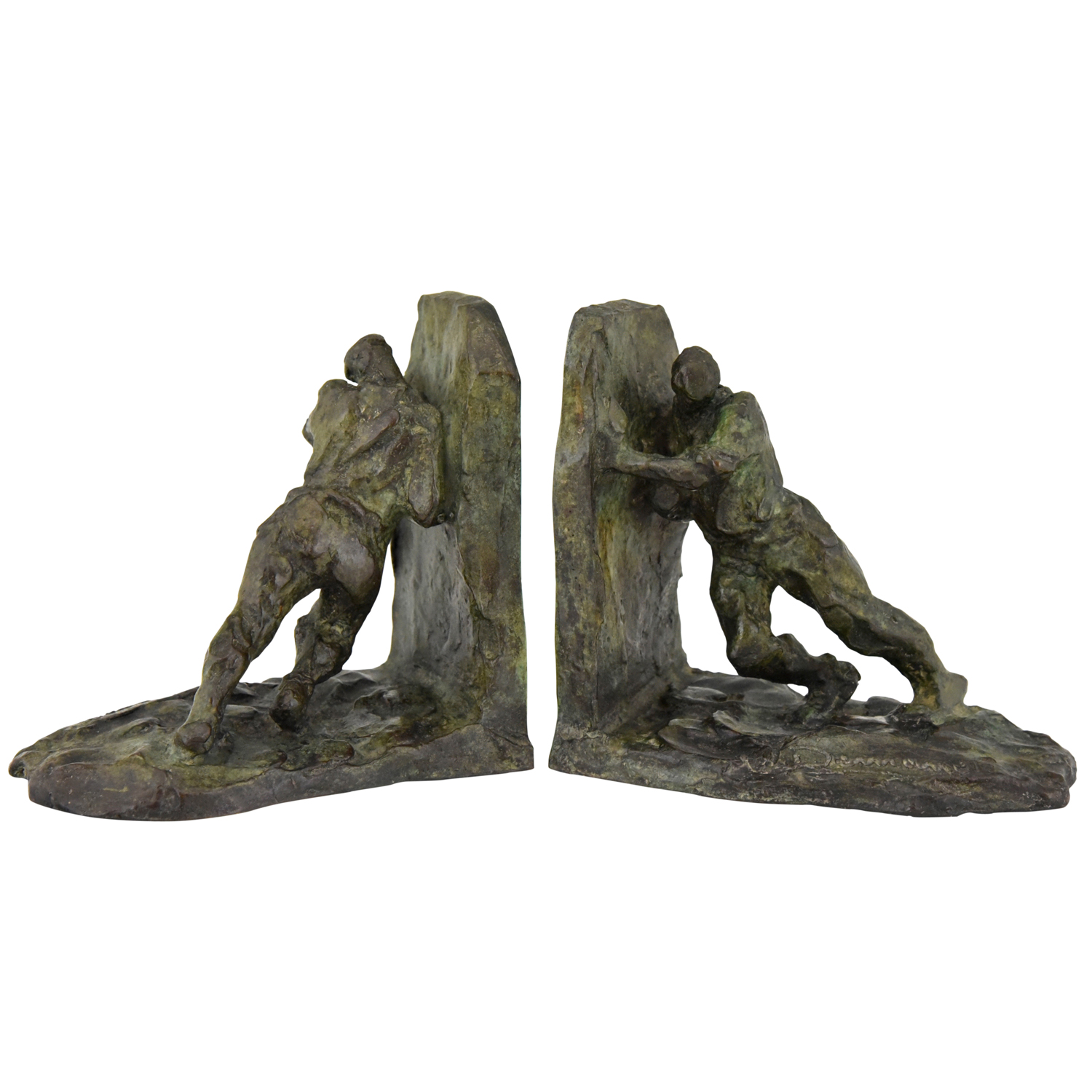 Art Deco bronze bookends two men pushing