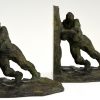 Art Deco bronze bookends two men pushing