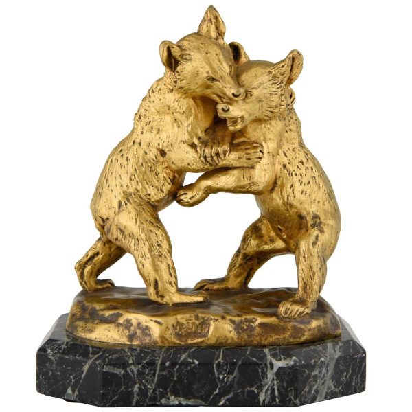 Antique bronze sculpture two bears playing