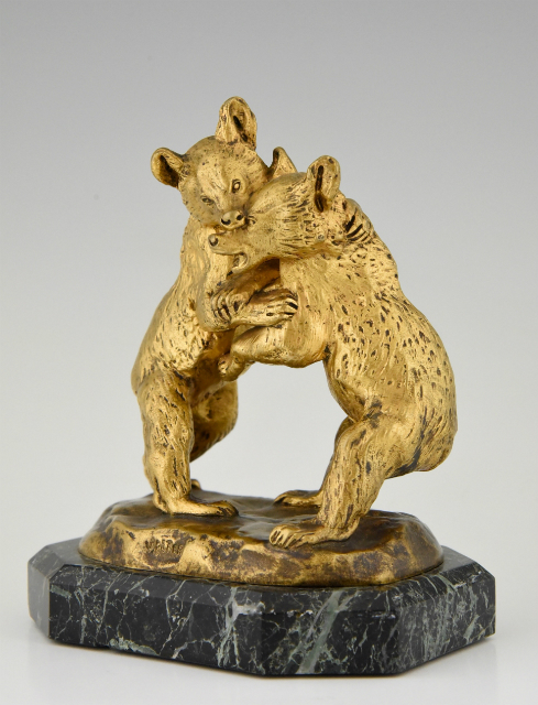 Antique bronze sculpture two bears playing