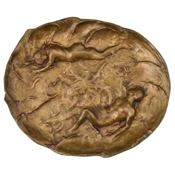 Jugendstil Bronze Schale Man und Frau mit Tintenfisch