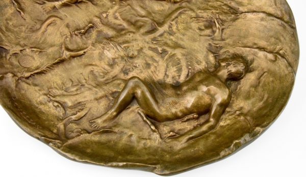 Art Nouveau bronzen schaal naakte man en vrouw met octopus