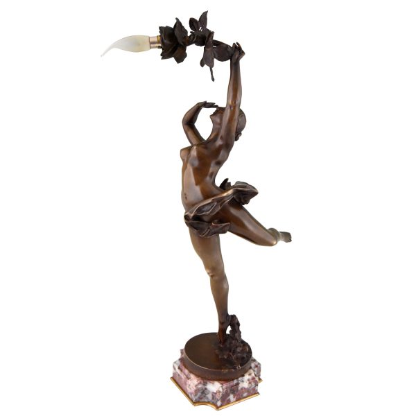 Jugendstil lamp brons naakte vrouw met rozen