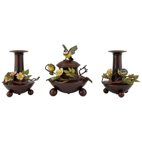 Set de bureau en bronze encrier et vases avec oiseaux