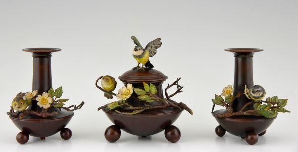 Antique bronze inkwell and vases with birds