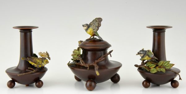 Antique bronze inkwell and vases with birds