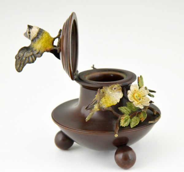 Antique bronze inkwell and vases with birds