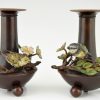 Antique bronze inkwell and vases with birds