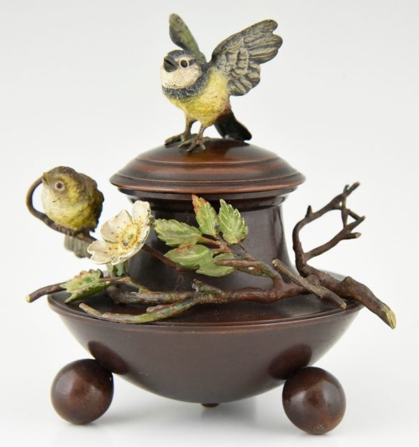 Antique bronze inkwell and vases with birds