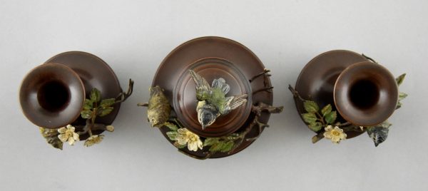 Antique bronze inkwell and vases with birds