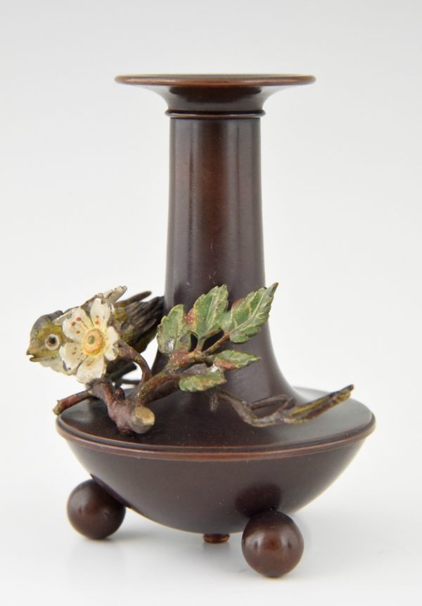 Antique bronze inkwell and vases with birds